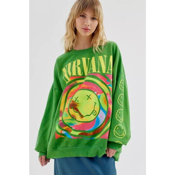 Urban Outfitters X Nirvana Oversized Sweatshirt Spiral Smile Face Green Crewneck - Picture 1 of 6